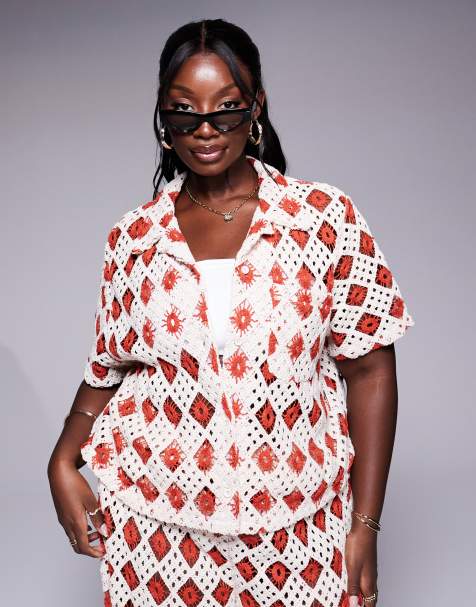 South Beach Curve crochet short sleeve beach shirt in cream and rust - part of a set - view 1