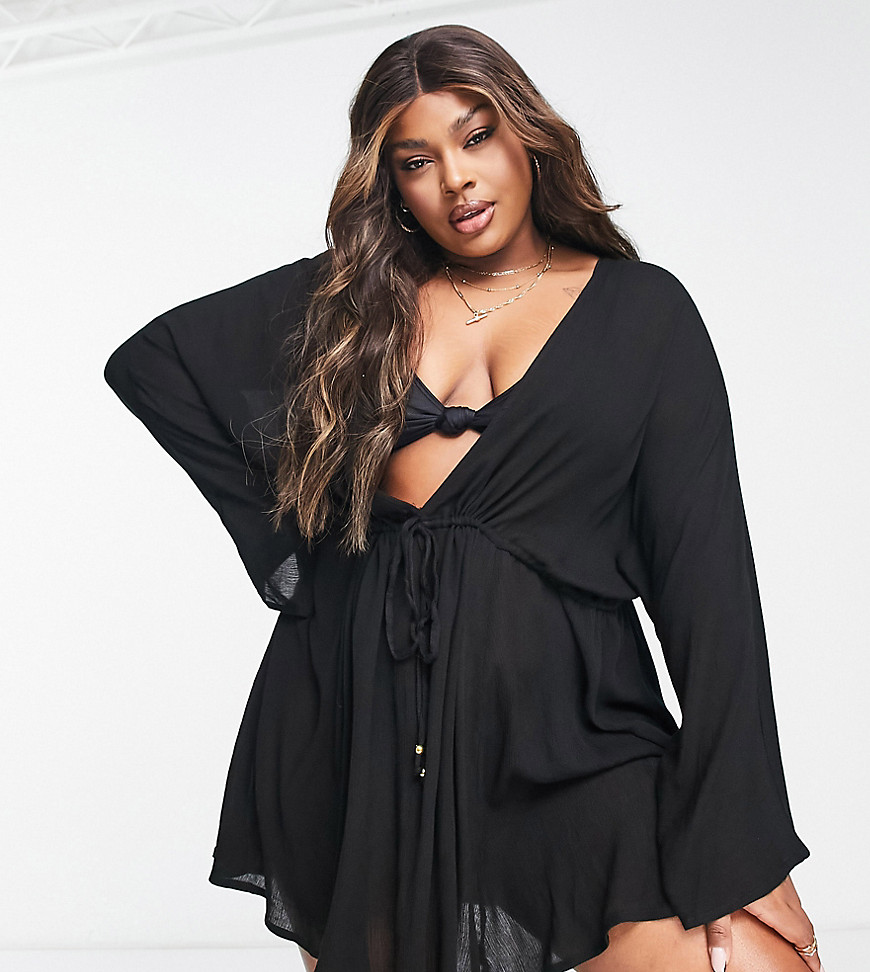 Cover Ups by South Beach Curve Exclusive to ASOS Plunge neck Long sleeves Tie fastening Relaxed fit