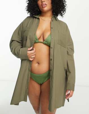 South Beach Curve Exclusive beach cover up shirt in khaki  - ASOS Price Checker