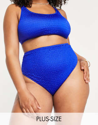 South Beach Curve Exclusive Crinkle High Waist Bikini Bottom In Blue