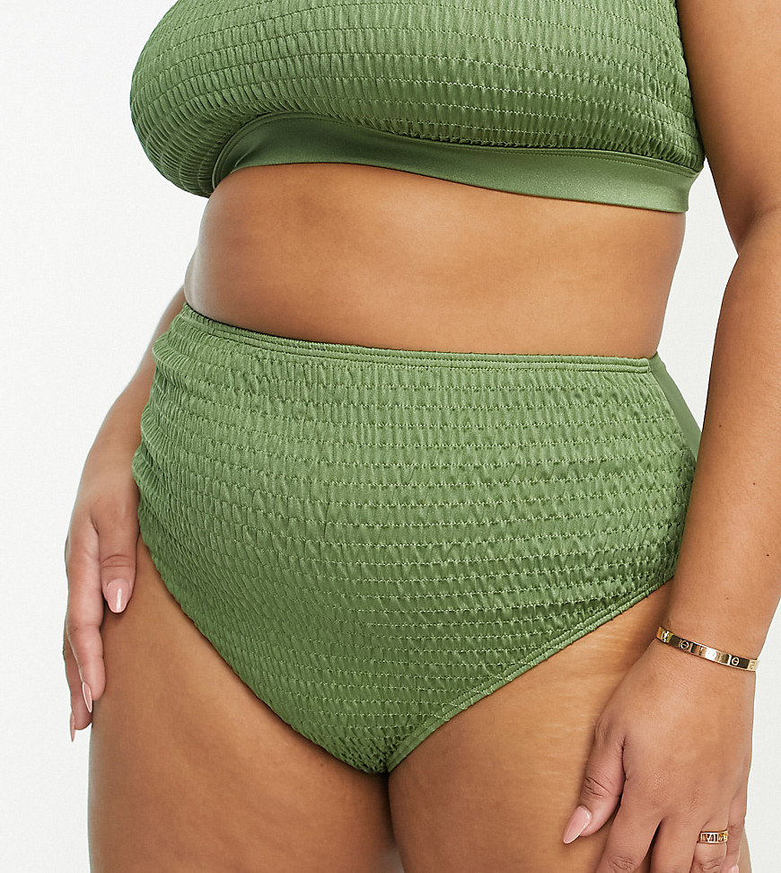 Exclusive crinkle high waist bikini bottom in khaki-Green