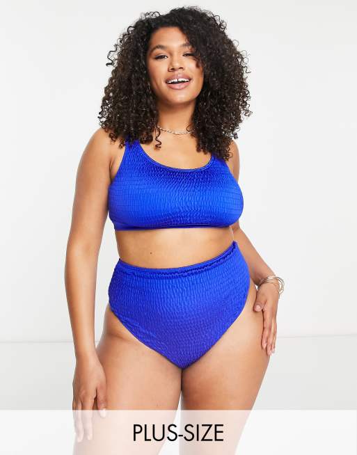 South Beach Curve Exclusive crinkle scoop crop bikini top in blue