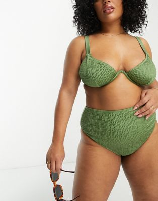 Shop South Beach Curve Exclusive Crinkle Underwire Bikini Top In Khaki-green