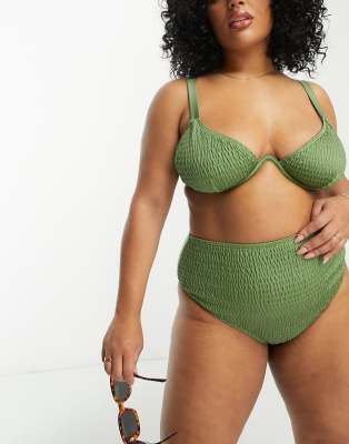 South Beach Curve Exclusive crinkle underwire bikini top in khaki-Green