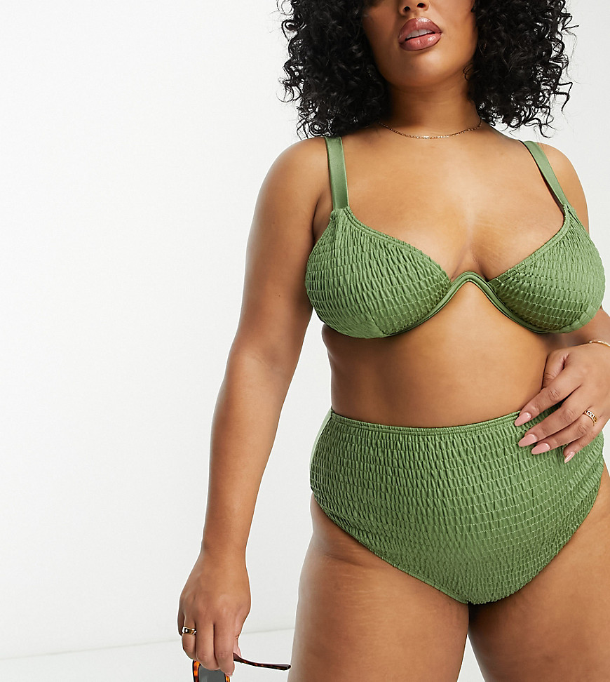 South Beach Curve Exclusive crinkle underwire bikini top in khaki-Green