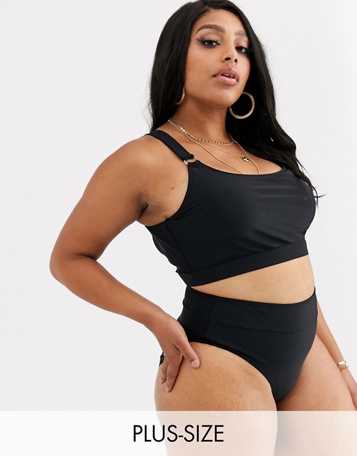 South Beach Curve Exclusive crop bikini top with gold ring detail in black