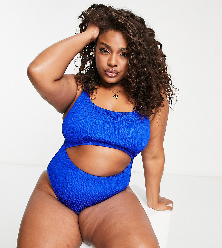 Exclusive cut out crinkle swimsuit in blue