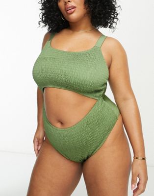 South Beach Curve Exclusive cut out crinkle swimsuit in khaki  - ASOS Price Checker
