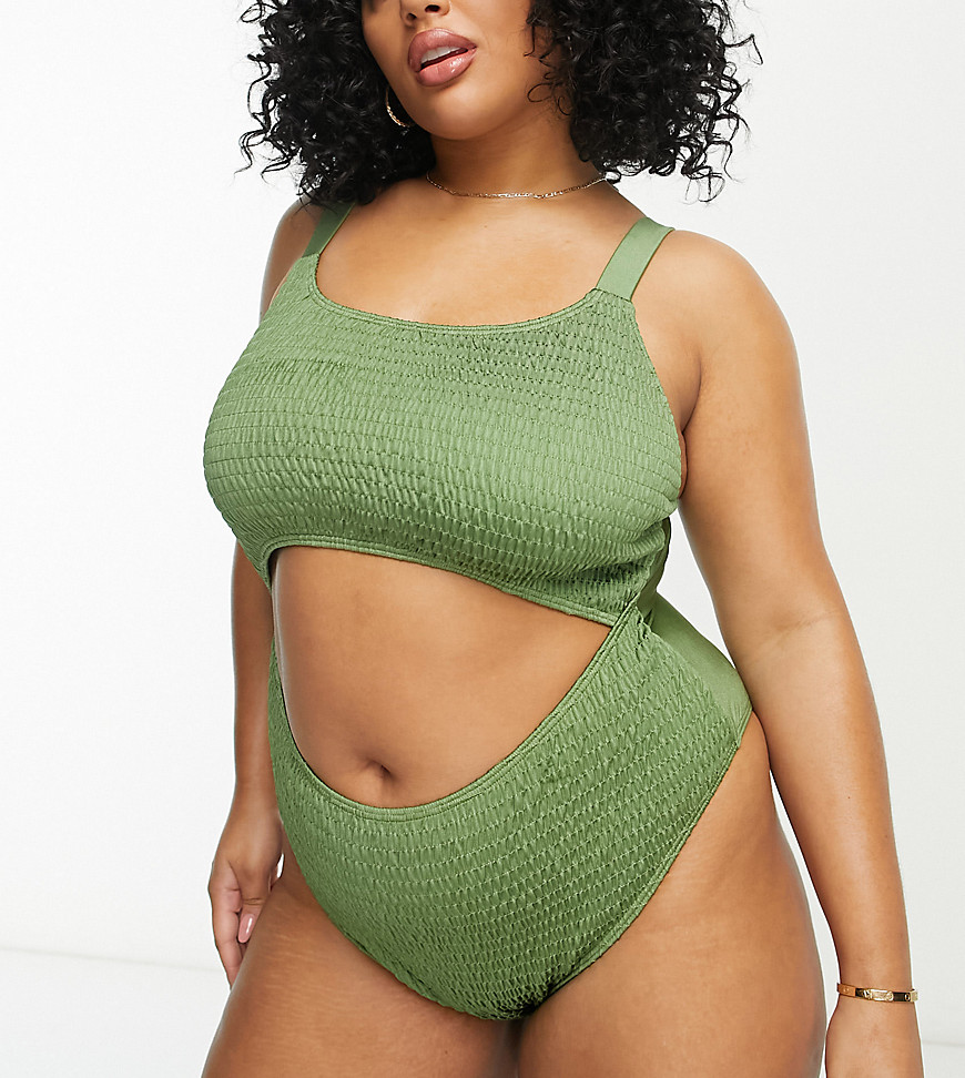 South Beach Curve Exclusive cut out crinkle swimsuit in khaki-Green
