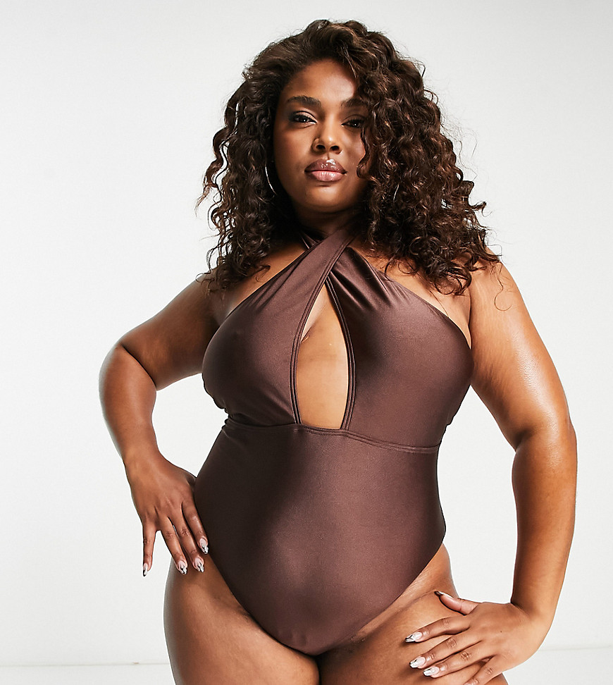 Exclusive cut-out halter swimsuit in brown