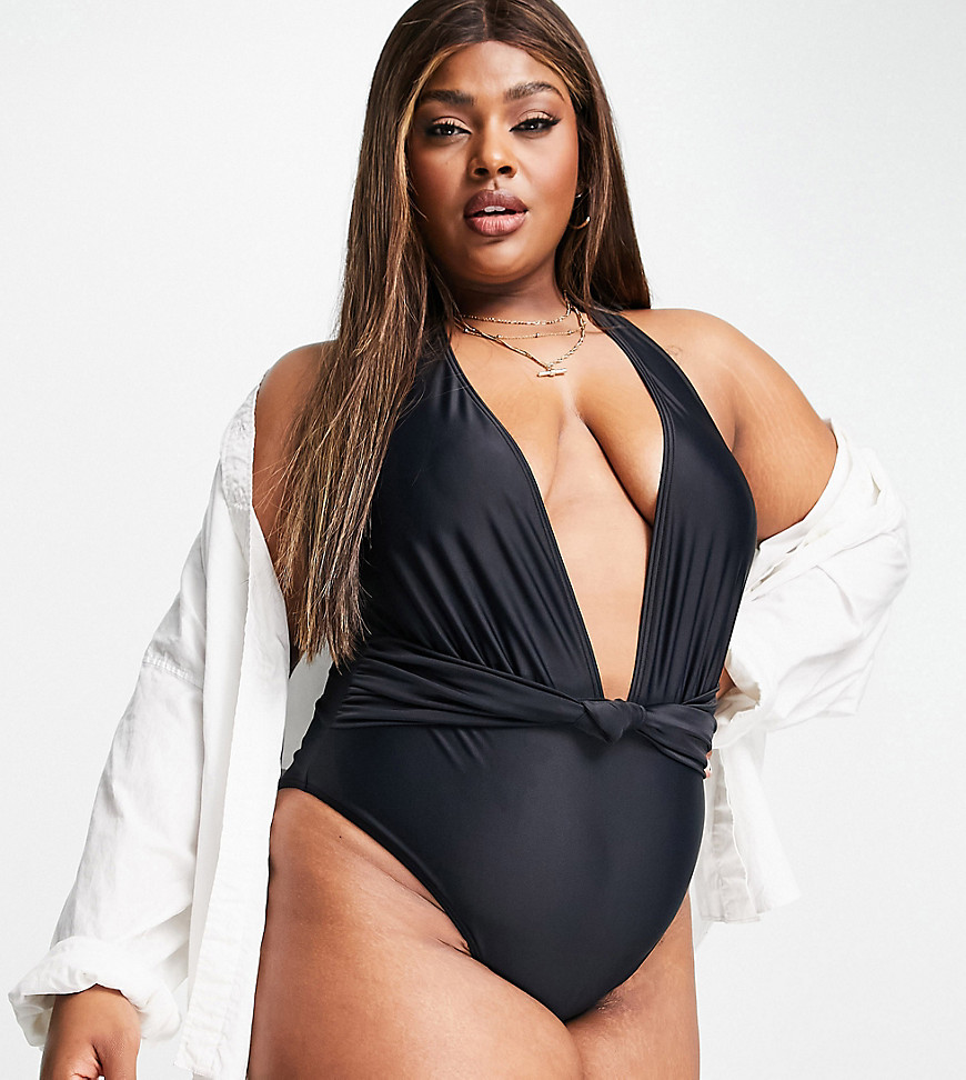South Beach Curve Exclusive Cut Out Knot Swimsuit In Black