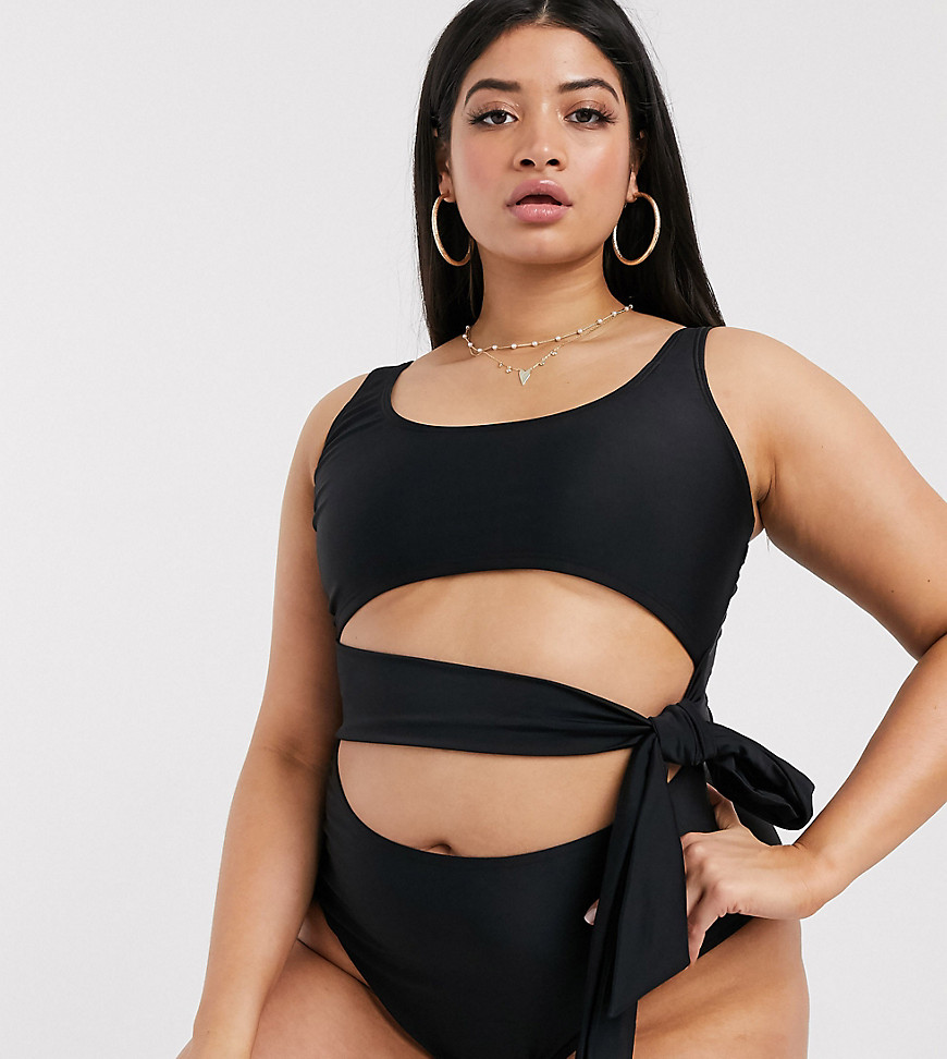 South Beach Curve Exclusive cut out tie up swimsuit in black