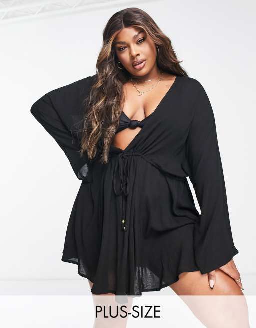 South Beach Curve Exclusive – Czarna narzutka plażowa o fasonie kimona 