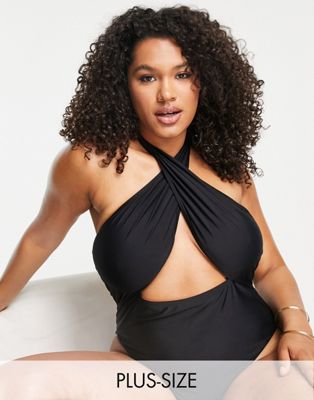 South Beach Curve Exclusive halter cut out swimsuit in black