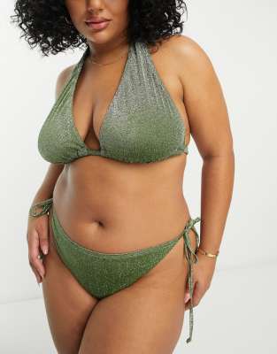 Shop South Beach Curve Exclusive Halter Triangle Bikini Top In Metallic Green