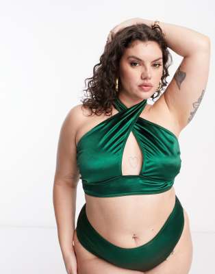 South Beach Curve Exclusive halter wrap bikini top in high shine emerald  green