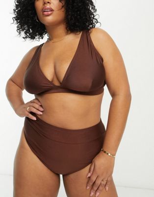 South Beach Curve Exclusive high apex triangle bikini top in high shine brown  - ASOS Price Checker