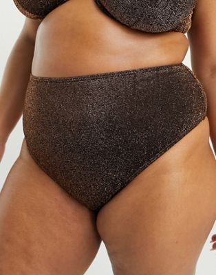South Beach Curve Exclusive high waist bikini bottom in brown metallic