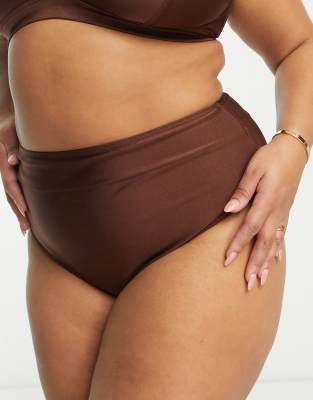 South Beach Curve Exclusive high waist bikini bottom in high shine brown