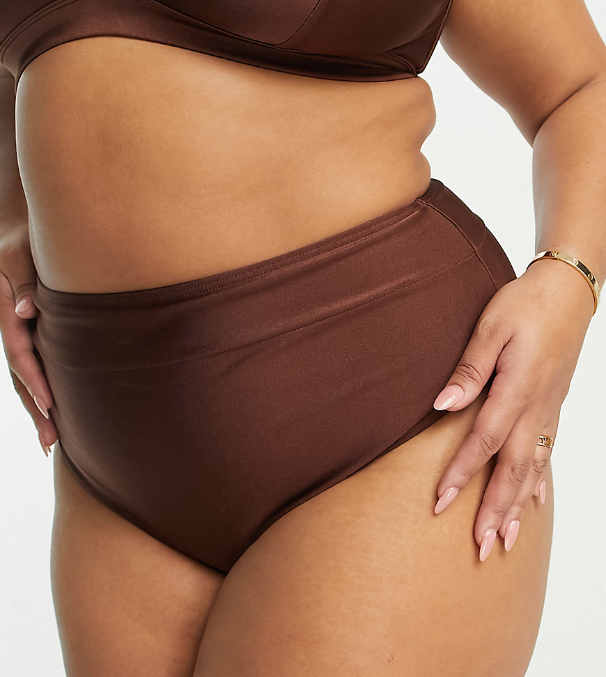South Beach Curve Exclusive high waist bikini bottom in high shine brown