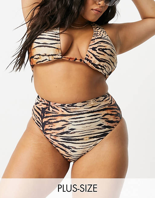 South Beach Curve Exclusive high waist bikini bottom in tiger print