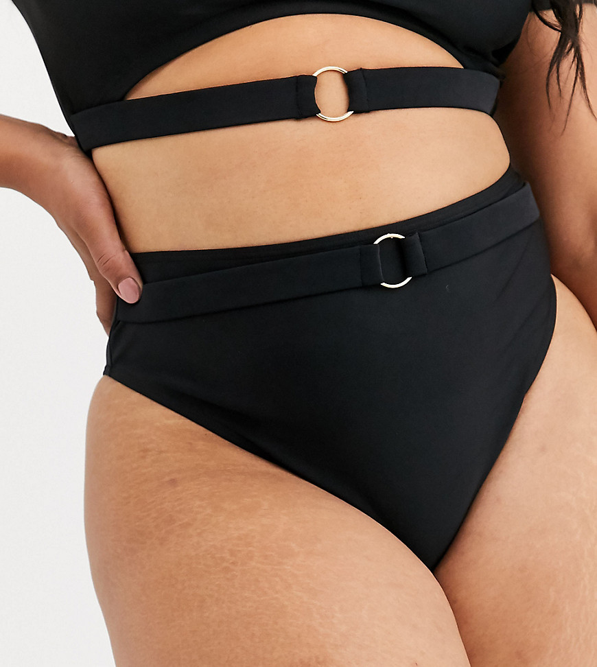 South Beach Curve Exclusive high waist bikini bottom with gold ring detail in black