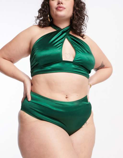 South Beach Curve Exclusive high waist bikini bottoms in high shine emerald  green