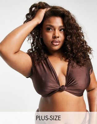 South Beach Curve Exclusive knot front bikini top in brown