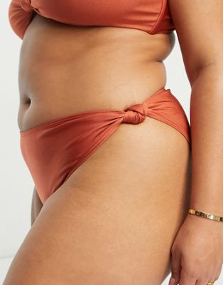 South Beach Curve Exclusive Knot High Waist Bikini Bottom In High Shine Copper-brown