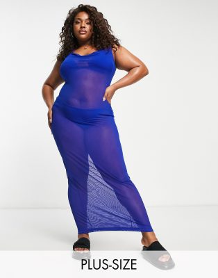 South Beach Curve Exclusive maxi mesh beach summer dress in blue | ASOS