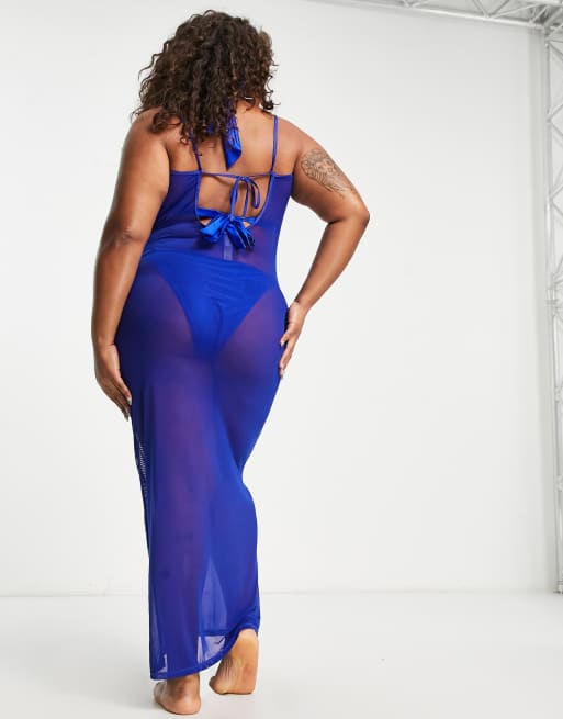 South Beach Curve Exclusive maxi mesh beach summer dress in blue  , 2 of 4