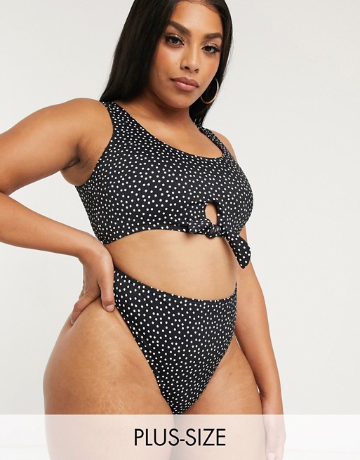 South Beach Curve Exclusive mix and match knot crop bikini top in black polka dot