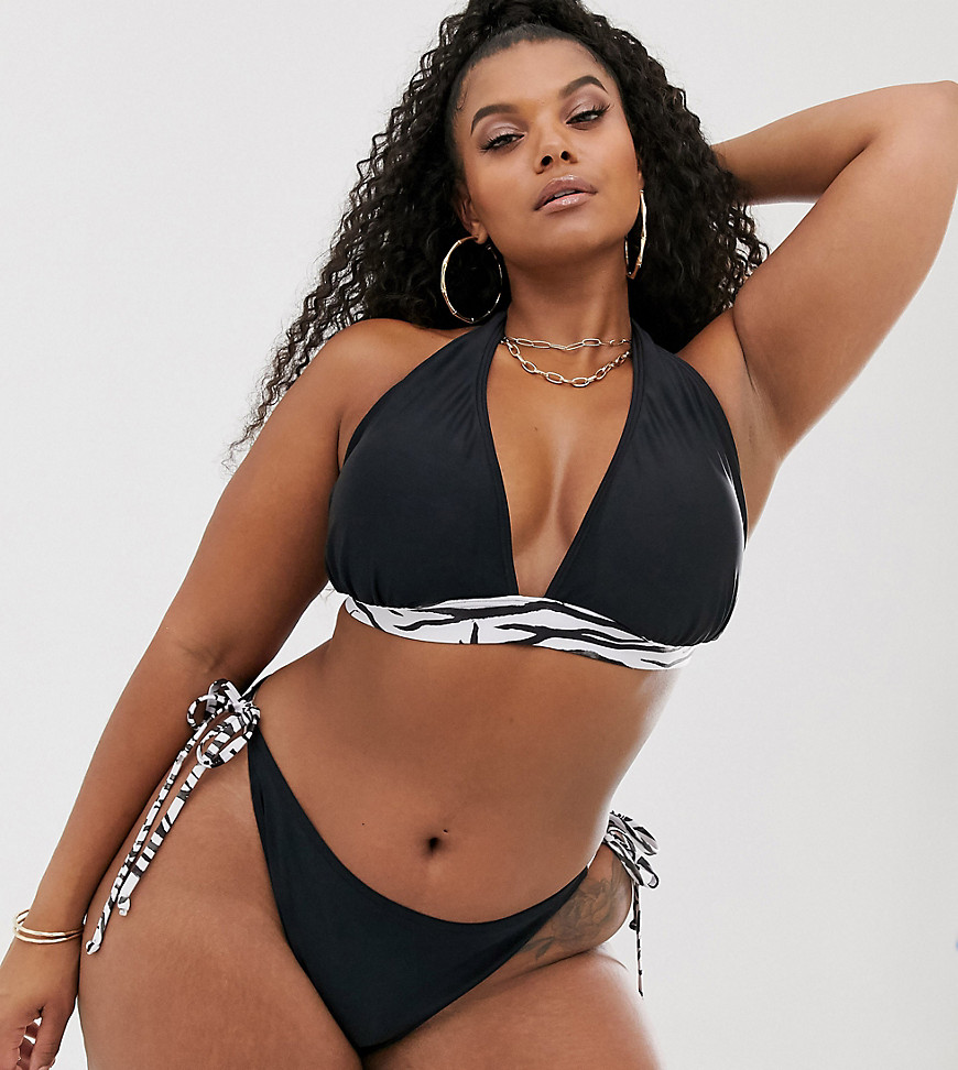 South Beach Curve Exclusive mix and match string halter bikini top in zebra-Black