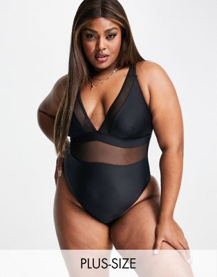 South Beach Curve Exclusive plunge mesh swimsuit in black