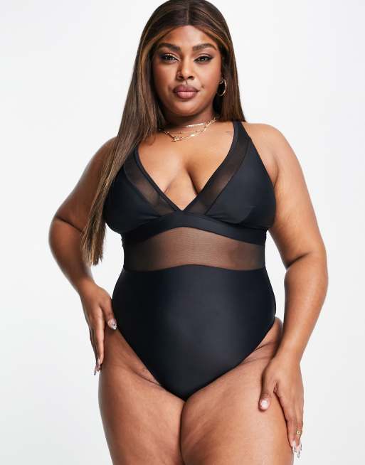 South Beach Curve Exclusive plunge mesh swimsuit in black ASOS