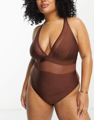 South Beach Curve Exclusive plunge mesh swimsuit in high shine brown