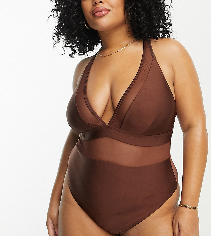 South Beach Curve Exclusive Plunge Mesh Swimsuit In High Shine Brown