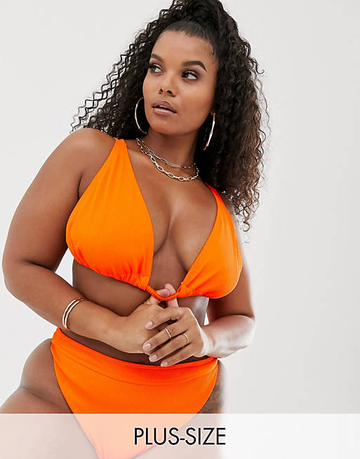 South Beach Curve Exclusive ribbed triangle bikini top in neon orange