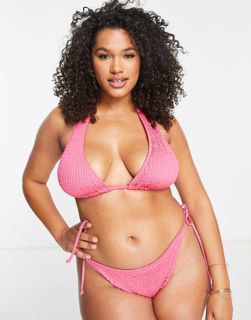 South Beach Curve Exclusive triangle crinkle halter bikini top in pink   , 4 of 4