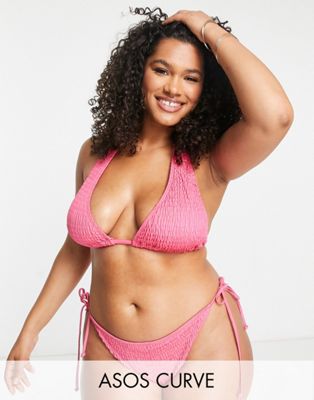 South Beach Curve Exclusive triangle scrunch halter bikini top in pink