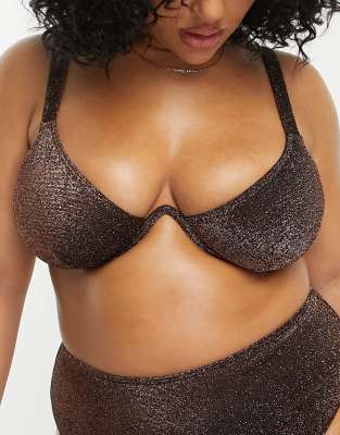 South Beach Curve Exclusive underwire bikini top in brown metallic  - ASOS Price Checker