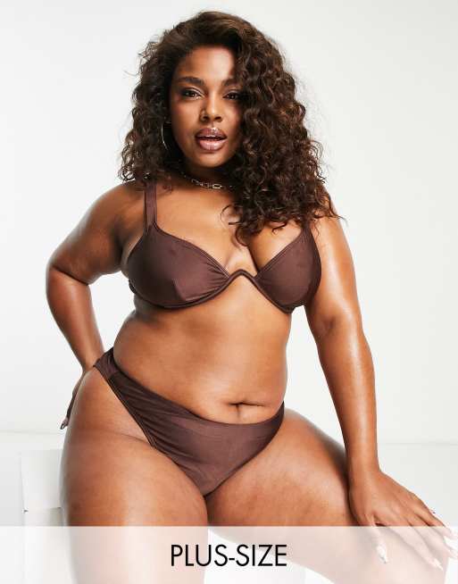 South Beach Curve Exclusive underwire bikini top in high shine brown 