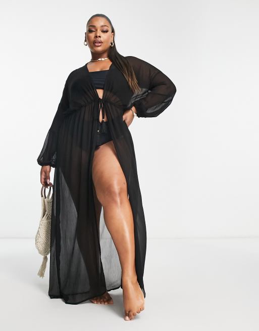 South Beach Curve Exclusivit Kimono de plage long manches longues Noir