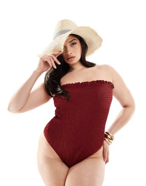 South Beach Curve frilly crinkle bandeau swimsuit in pomegranate - view 1