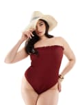 [South Beach Curve] South Beach Curve frilly crinkle bandeau swimsuit in pomegranate-Red 22 Dark red
