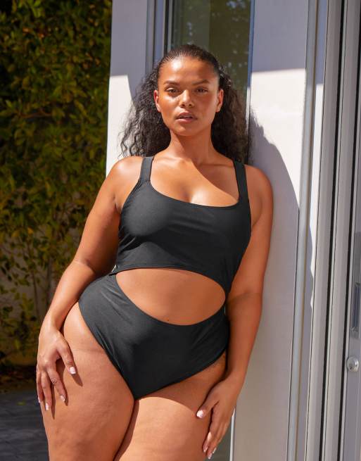 South Beach Curve ft Leslie Sidora Exclusive cut out swimsuit in black 