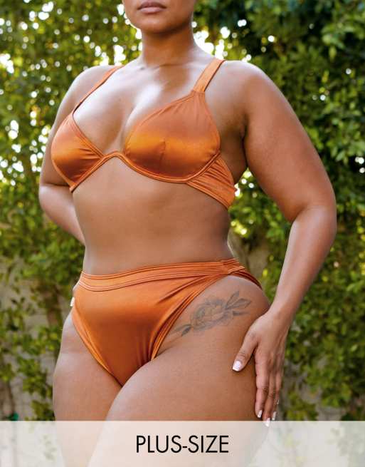 South Beach Curve ft Leslie Sidora Exclusive high leg high waist bikini bottoms in rust 