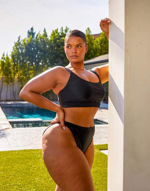 South Beach Curve ft Leslie Sidora Exclusive mix & match knot side high  waist bikini bottom in black