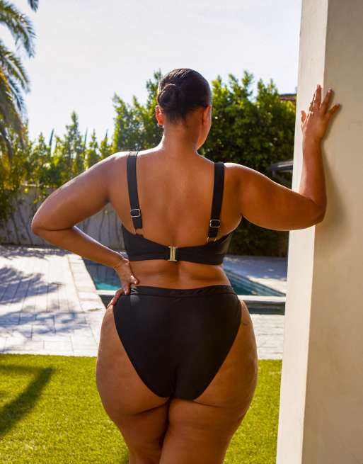 South Beach Curve ft Leslie Sidora Exclusive mix & match high waist bikini bottom in black , 2 of 4