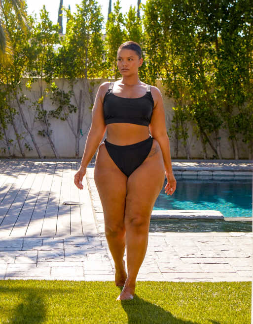 South Beach Curve ft Leslie Sidora Exclusive mix & match high waist bikini bottom in black , 3 of 4